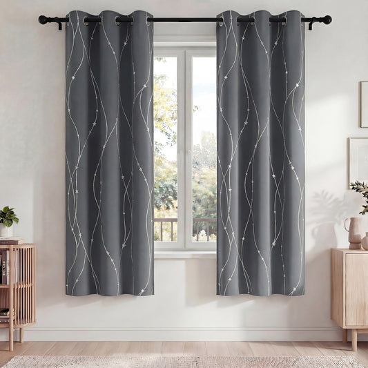 Blackout Curtains, Blackout Curtains Set of 2 for Bedroom Living Room 42x72 in, Thermal Insulated Room Darkening Drapes with Grommet Top, Noise Reduction & Light Blocking, Printed Gray