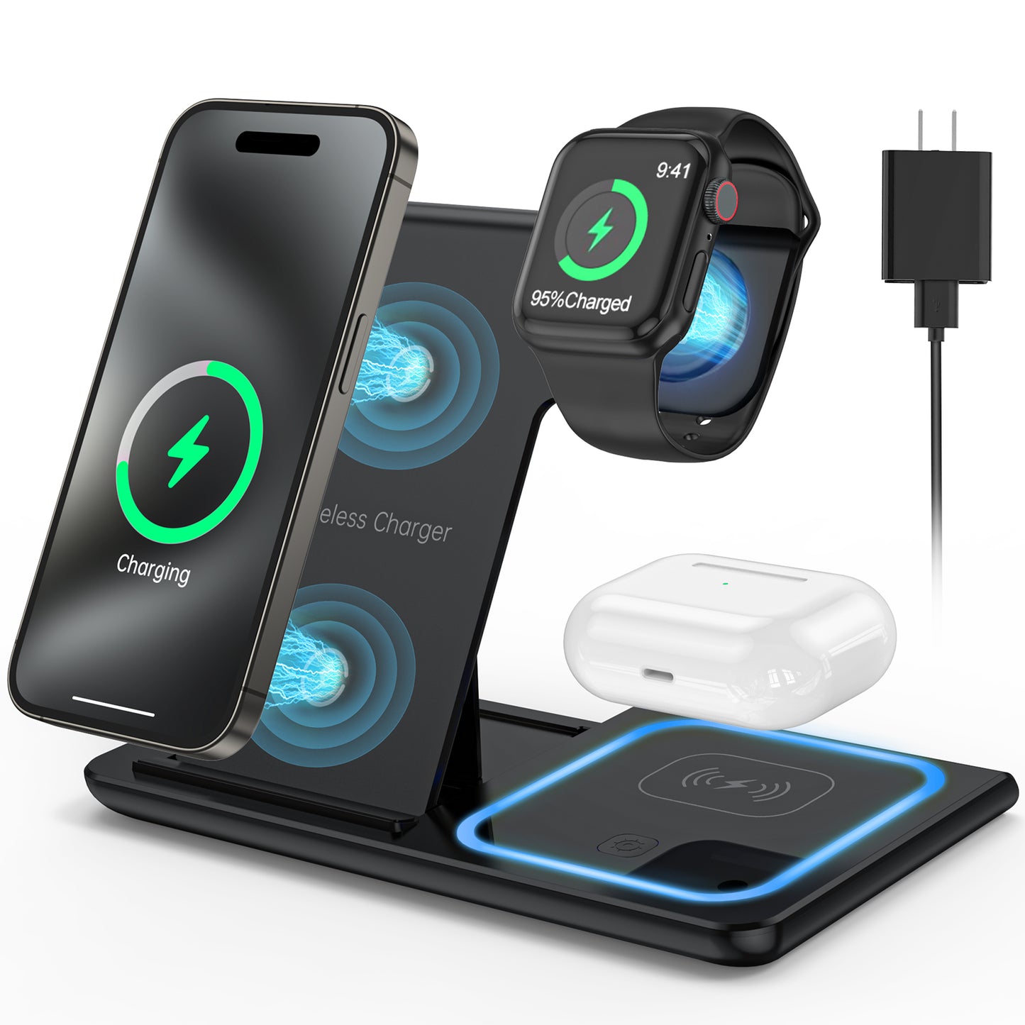 CSDWCWA  Wireless Charger, 18W Fast iPhone Charging Station for iPhone 16/15/14/13/12 /11/Pro Max/Plus, 3 in 1 Wireless Charging Stand for iWatch Series SE 10/9/8/7/6/5/4/3, Airpods Pro/3/2 (W/ QC3.0 Adapter)