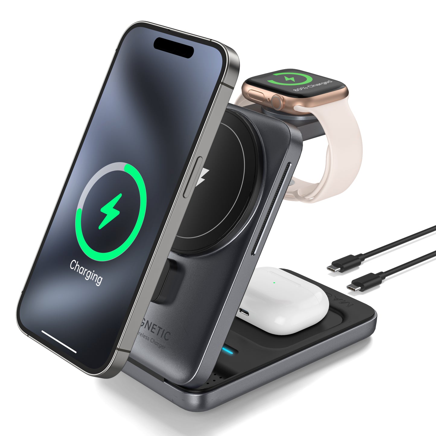 CSD02AWWCX509BL 2 in 1 Wireless Charger, Fast Charging Station for Apple Devices, Travel Wireless Charging Pad for AirPods 3/2/Pro & Apple Watch 9/8/7/6/5/4/3/2/Ultra/Ultra 2,with Type-C Charging Cable