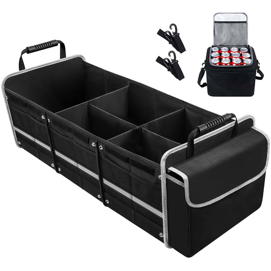 CSD01CTOZ0000BL  Car Storage Organizer, Collapsible Multi Compartment SUV Trunk Organizer with Leakproof Insulated Bag, Adjustable Securing Straps, Foldable Cover, Trunk Storage Box for Car, SUV, Truck, or Van