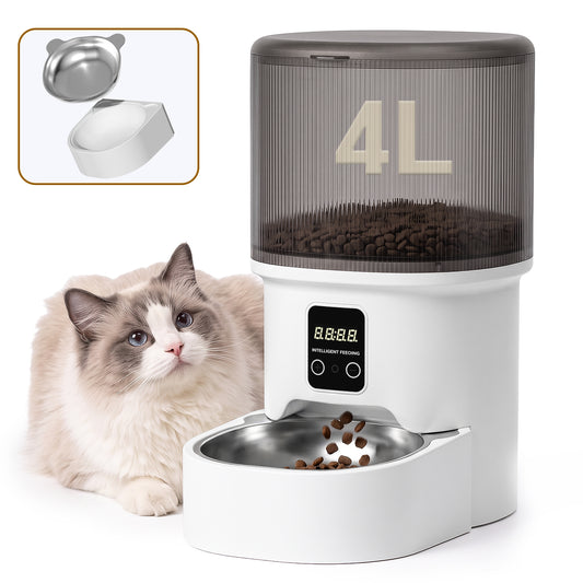 Automatic Cat Feeder, 4L Timed Pet Food Dispenser for Cats & Small Dogs with Stainless Steel Bowl, White