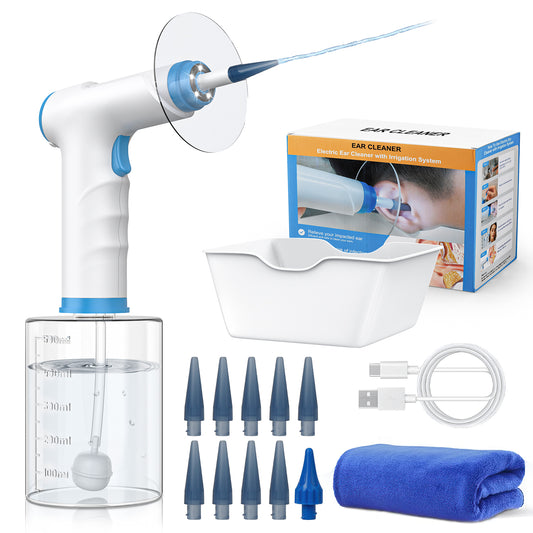 CSD01EWRK0000BU Ear Wax Removal, Electric Ear Cleaning Kit with 4 Pressure Modes, Ear Cleaner, Ear Irrigation Kit with 5 LED Lights, 10 Tips, 500ml Water Bottle, Basin and Towel