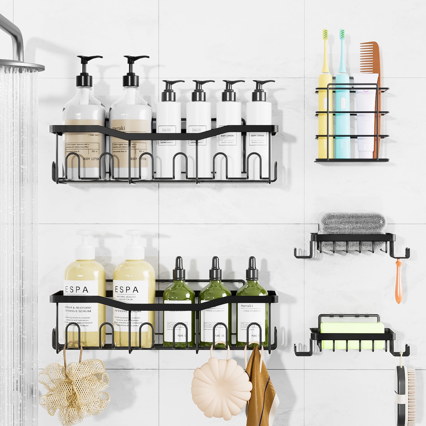 CSD02SWCD0005BL  Adhesive Shower Caddy, 5 Pack Shower Shelf, Stainless Steel Bath Organizers w/ Toothbrush Holder, 2 Soap Dish & 28 Hooks for Inside Shower, No Drilling Bathroom Storage Shelves for Home Decor, Black