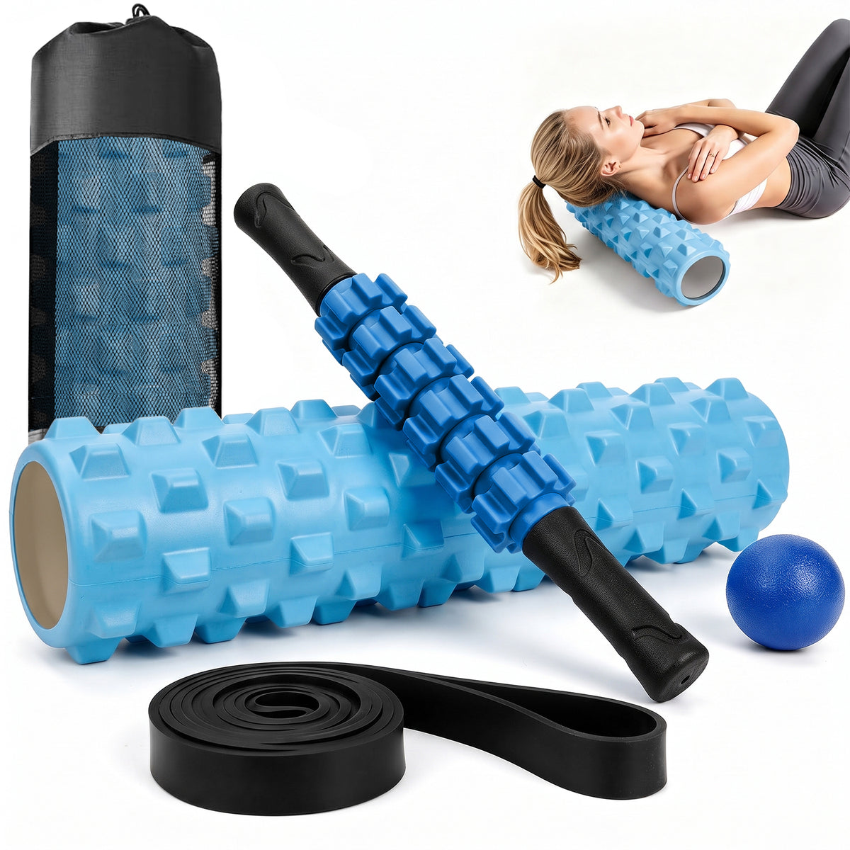 CSD01FRFE0018BL  Cshidworld 5-in-1 Foam Roller Set, 18-inch Deep Tissue Foam Roller with Massage Stick, Massage Ball, Resistance Band & Carry Bag for Stretching, Yoga, Pilates & Fitness