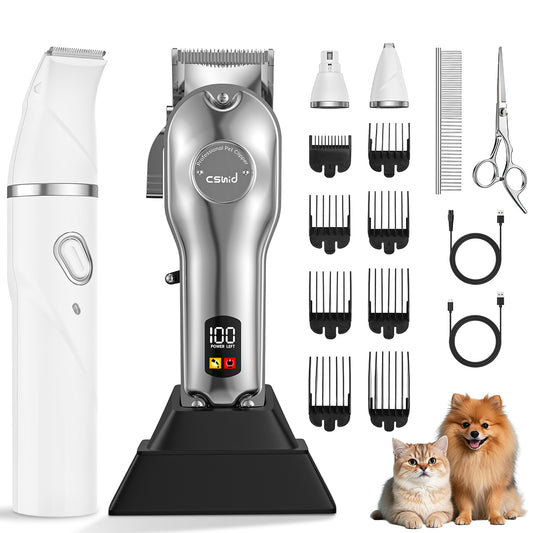 Dog Clippers, USB Rechargeable Cordless Dog Grooming Kit, Low Noise Electric Pets Hair Trimmers, Quiet Washable Shaver Clippers Shears for Thick Coats Dogs Cats with LED Display