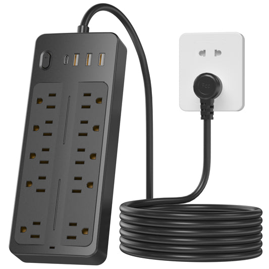 CSD01SURG0000BK Cshidworld Surge Protector Power Strip, 10-Outlet with 4 USB Ports,2 USB-C, 4FT Extension Cord, 1875W/15A, 1700J, for Home Office Desk, Black