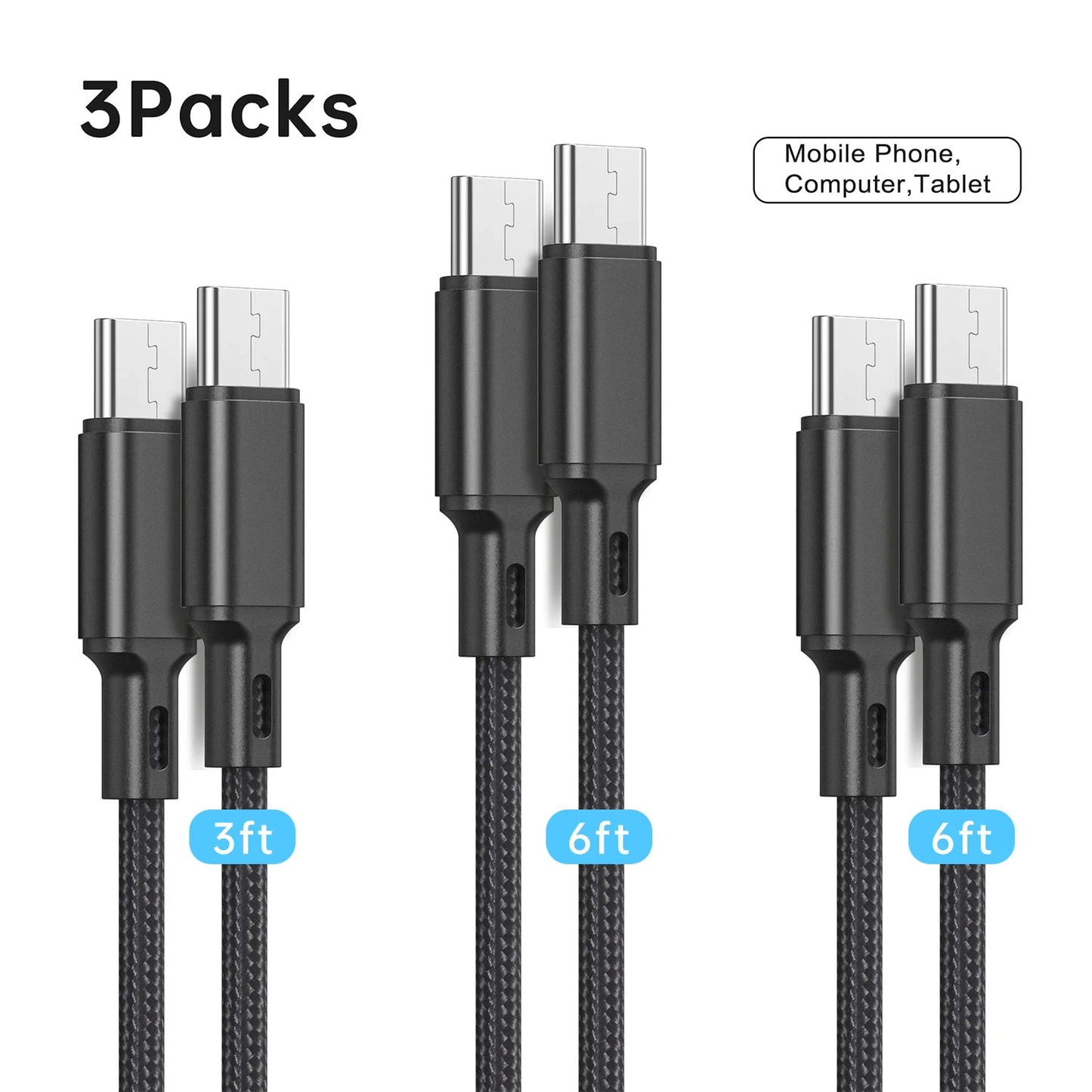 USB C to USB C Cable [3/6/6 ft, 3-Pack], Type C Charger Cord Compatible for iPhone 15 Samsung Galaxy S22 S21 S20 Ultra 5G Note 20/10, Pixel 7 6 Pro 5 4 3 2 XL & USB-C Laptop Tablet, Color(Black)