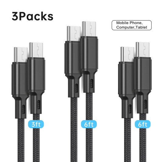 USB C to USB C Cable [3/6/6 ft, 3-Pack], Type C Charger Cord Compatible for iPhone 15 Samsung Galaxy S22 S21 S20 Ultra 5G Note 20/10, Pixel 7 6 Pro 5 4 3 2 XL & USB-C Laptop Tablet, Color(Black)