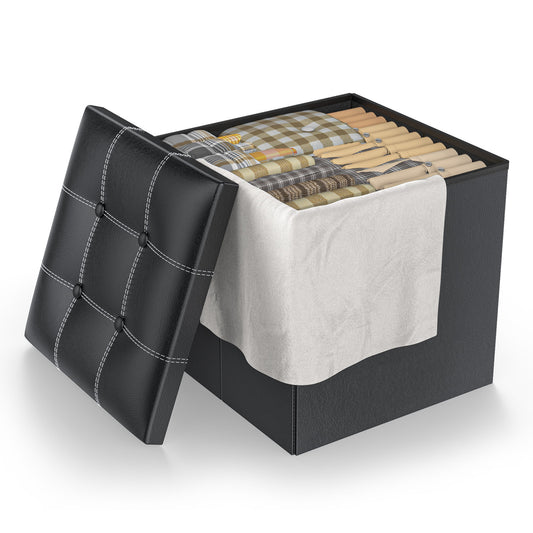 CSD02SROM0000BL  Storage Ottoman, 15 inch Foot Rest Stool, 40L Folding Leather Footstool Bench, Short Black Ottoman Stool, Storage Foot Rest for Books Toys Blankets