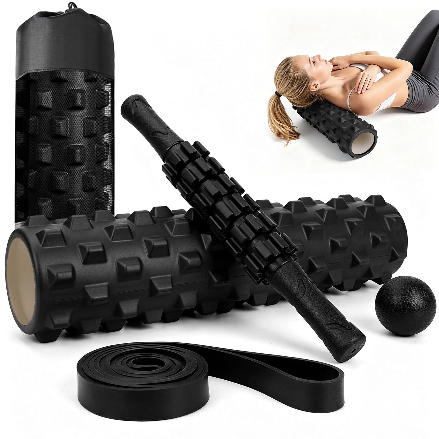 CSD01FRFE0018BK Cshidworld 5-in-1 Foam Roller Set, 18-inch Deep Tissue Foam Roller with Massage Stick, Massage Ball, Resistance Band & Carry Bag for Stretching, Yoga, Pilates & Fitness