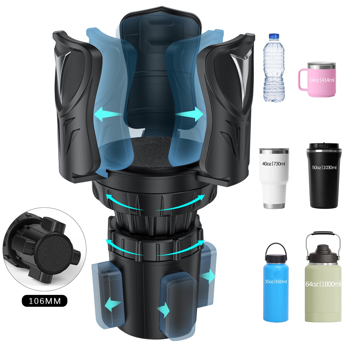 Cshidworld Car Cup Holder Expander,Adjustable Cup Holder Extender with Expandable Arms and Base,Fits 14–64 oz Water Bottles,Travel Mugs and Coffee Cups