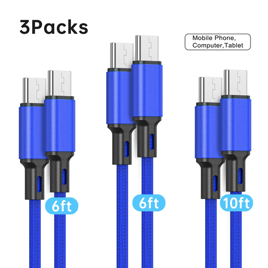 USB C to USB C Cable Fast Charging, 3 Pack [6ft+6ft+10ft] Type C to Type C Charger Cord Compatible for Samsung S23, Note 20 Ultra, MacBook Pro, iPad Pro/ Air, iPhone 15, Google Pixe,Blue