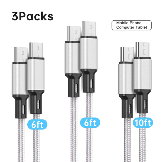 USB C to USB C Braided Charge Cable, 3 count per Pack [6+6+10] Type C-Type C Charger Cord Compatible for Samsung S23, Note 20 Ultra, MacBook Pro, iPad Pro/ Air, iPhone 15/15 Plus/15 Pro Max