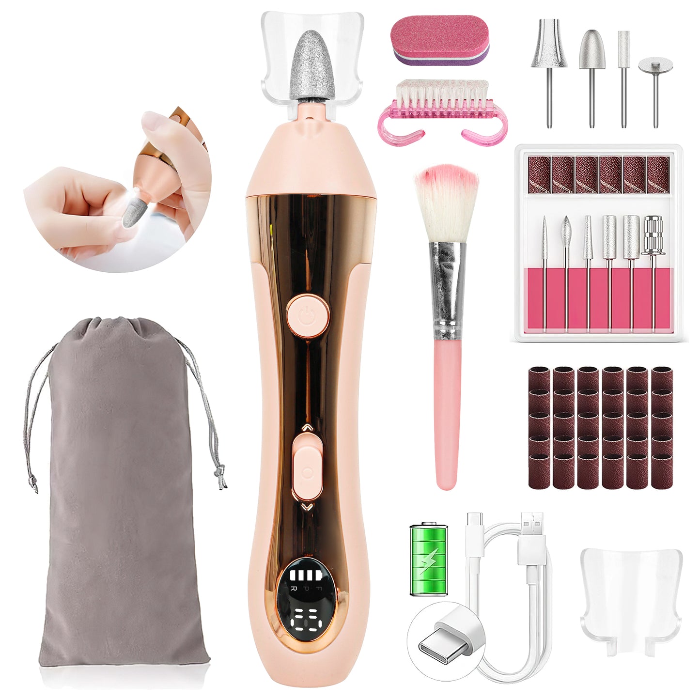 CSD01CENF0M13PK Cordless Electric Nail File, 10-Speed Nail Drill Kit with LED Light, Professional Portable Manicure Pedicure Tool for Thick Nails, Hand & Foot（Pink）
