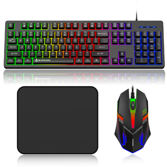 CSD01WGKBD600BKWired Keyboard and Mouse Combo, Gaming Keyboard RGB Backlit, Ergonomic Keyboard w/Mouse & Mouse Pad, 104 Keys Mechanical Keyboard, Quiet Silent Keyboard for Working or Primer Gaming, Office, Black