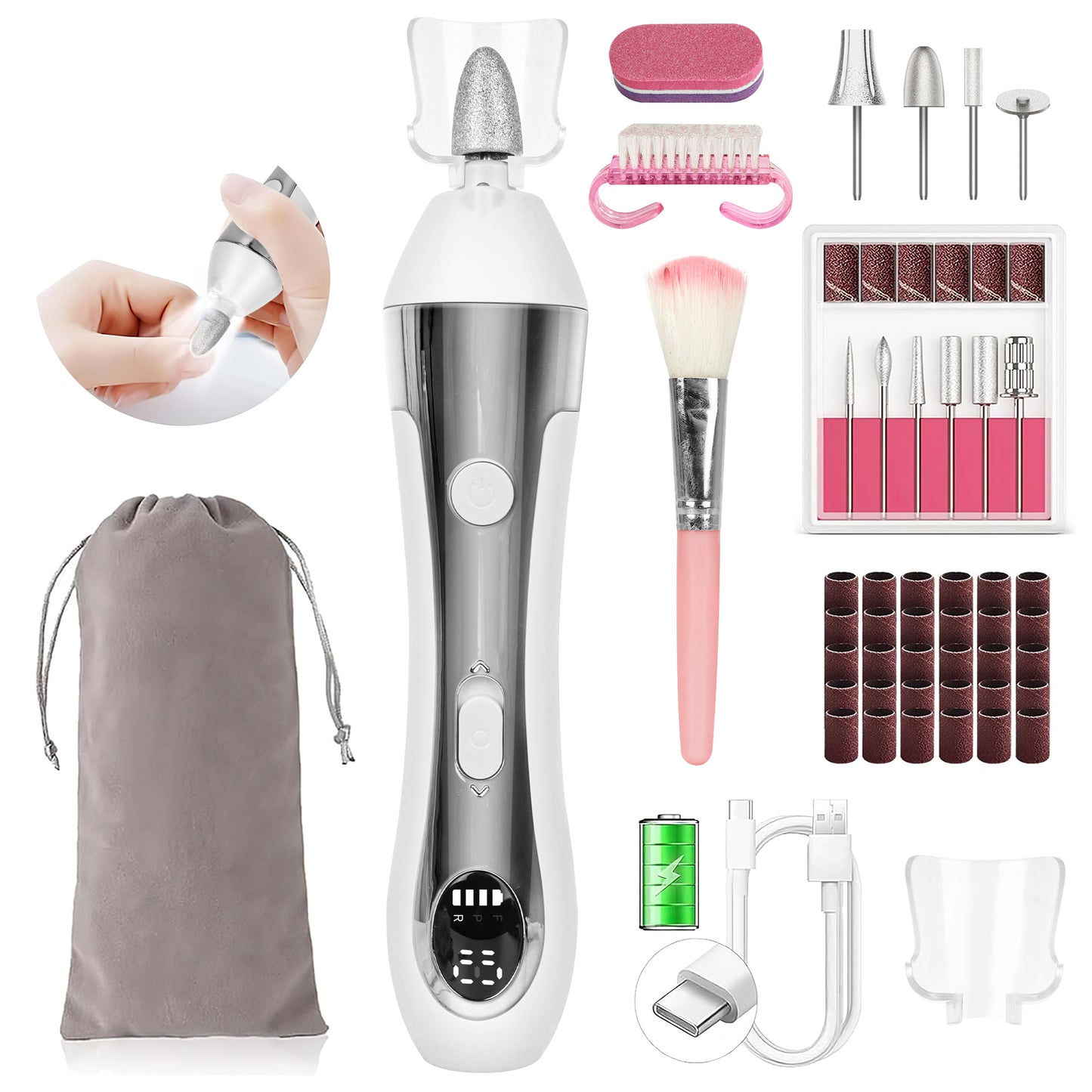 CSD01CENF0M13WH Cordless Electric Nail File, 10-Speed Nail Drill Kit with LED Light, Professional Portable Manicure Pedicure Tool for Thick Nails, Hand & Foot（White）