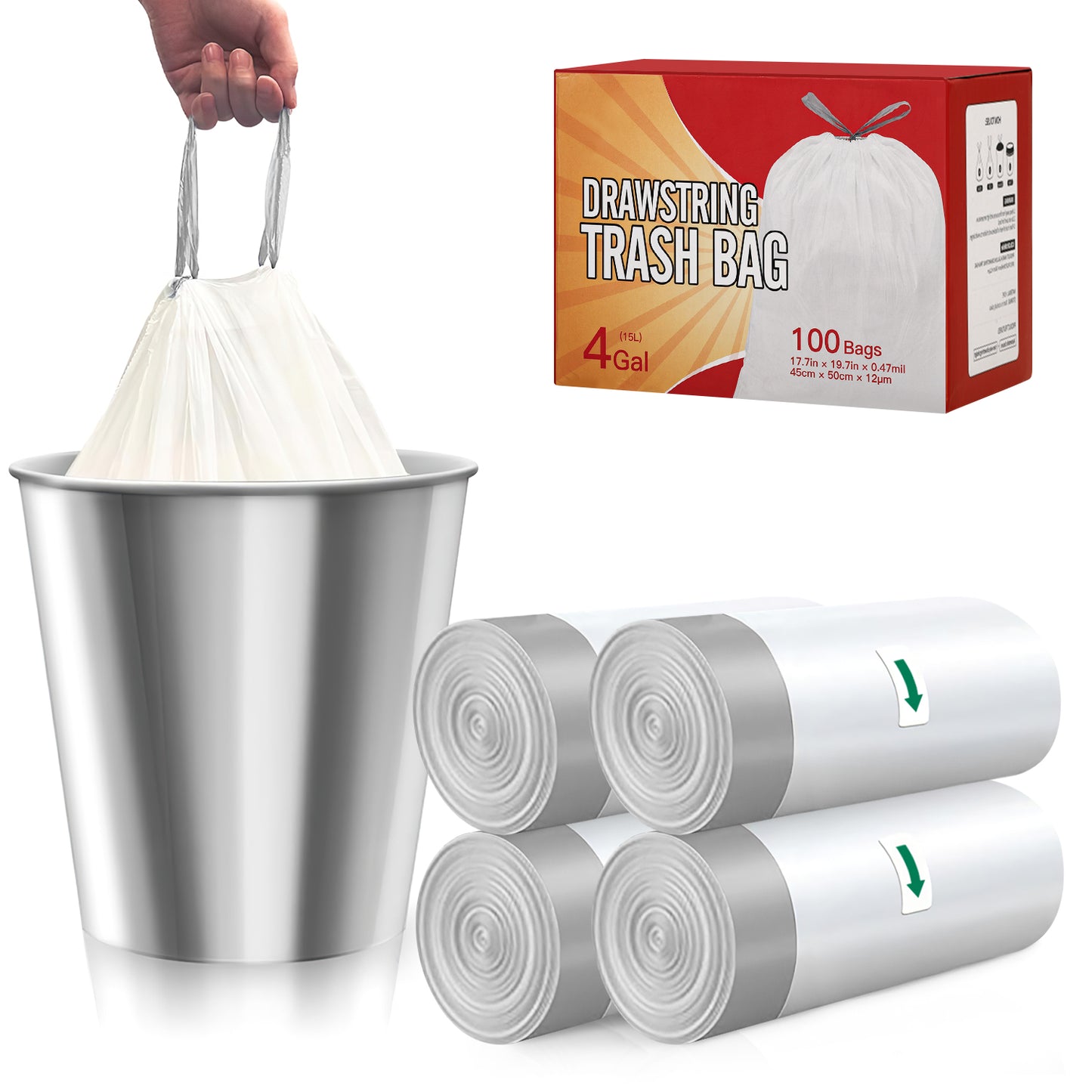 CSD02DWTR0002WH 4 Gallon Drawstring Trash Bags 12μm - 100 Count,White & Grey, Tear-Resistant Garbage Bags Suit for most Small Trash Cans, Unscented White Wastebasket Liners for Bathroom, Office & Bedroom
