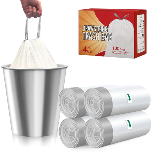 CSD02DWTR0002WH 4 Gallon Drawstring Trash Bags 12μm - 100 Count,White & Grey, Tear-Resistant Garbage Bags Suit for most Small Trash Cans, Unscented White Wastebasket Liners for Bathroom, Office & Bedroom
