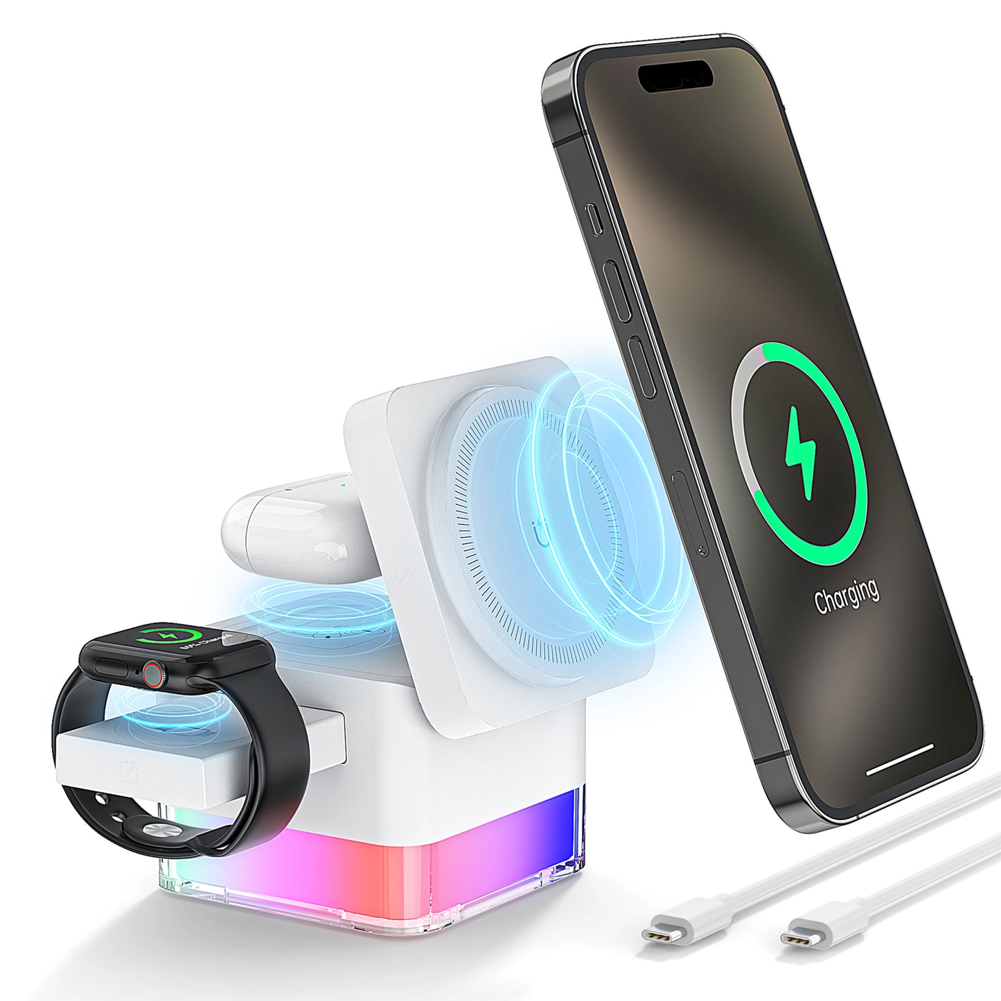 CSD01WLCG00S6WT iPhone Wireless Charger, Cshidworld 3 in 1 Cube Wireless Charger Stand, 15W Fast Charging Station, Foldable Wireless Charger for iPhone 16/15/14/13/12 Pro Max, iWatch S2-10/Ultra, AirPods 2/3/4/Pro