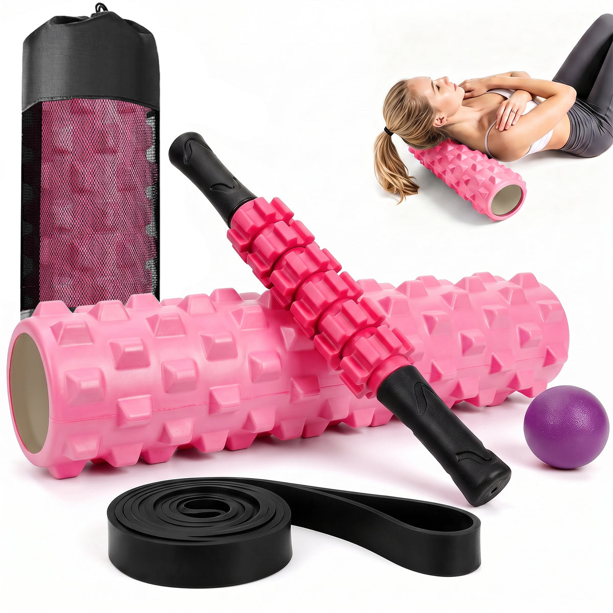 CSD01FRFE0018PK Cshidworld 5-in-1 Foam Roller Set, 18-inch Deep Tissue Foam Roller with Massage Stick, Massage Ball, Resistance Band & Carry Bag for Stretching, Yoga, Pilates & Fitness