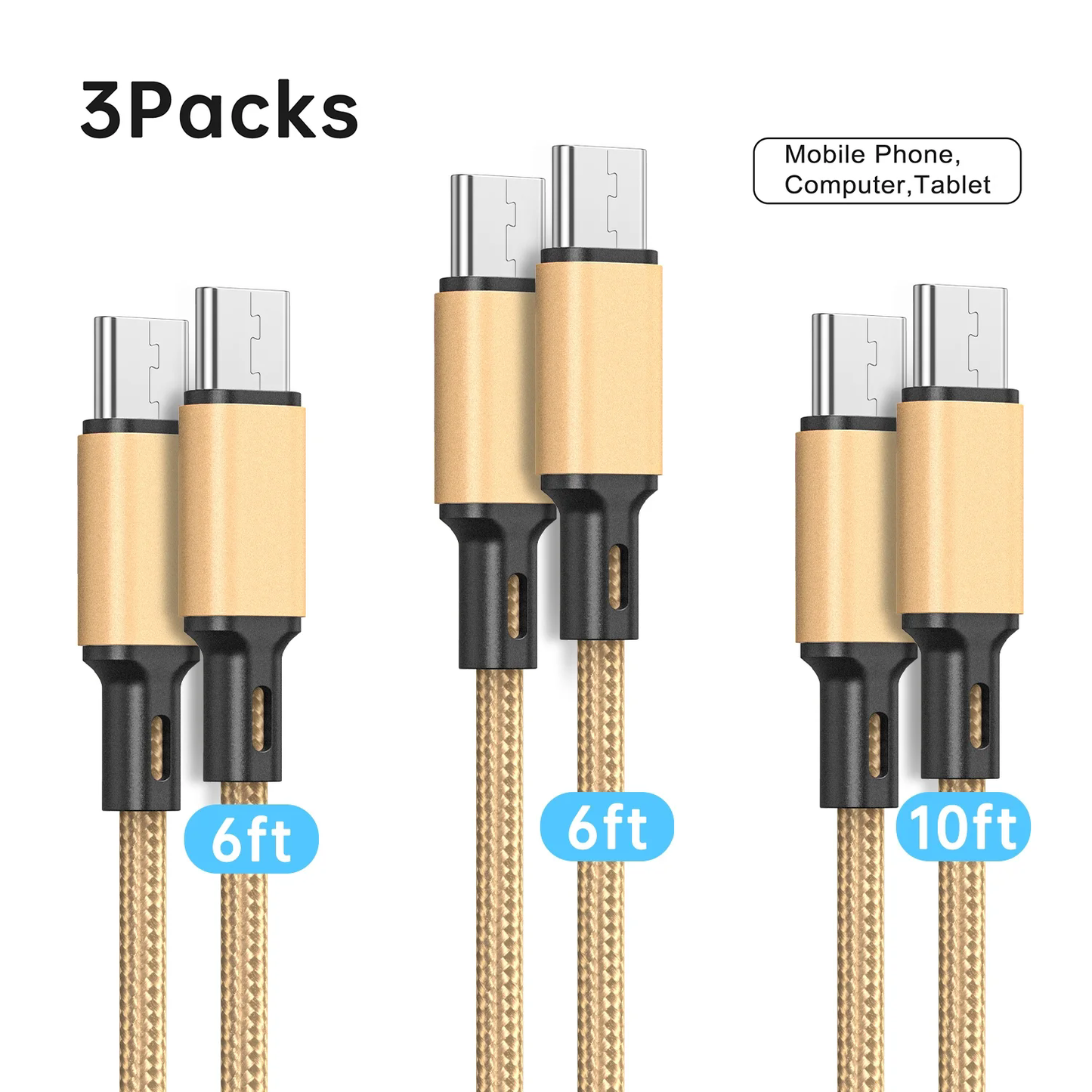 USB C to USB C Charge Cords, 3 Pack [6/6/10] Type C to Type C Charger Braided Cord Compatible for Samsung S23, Note 20 Ultra, MacBook Pro, iPad Pro/ Air, iPhone 15, Google Pixe, Golden