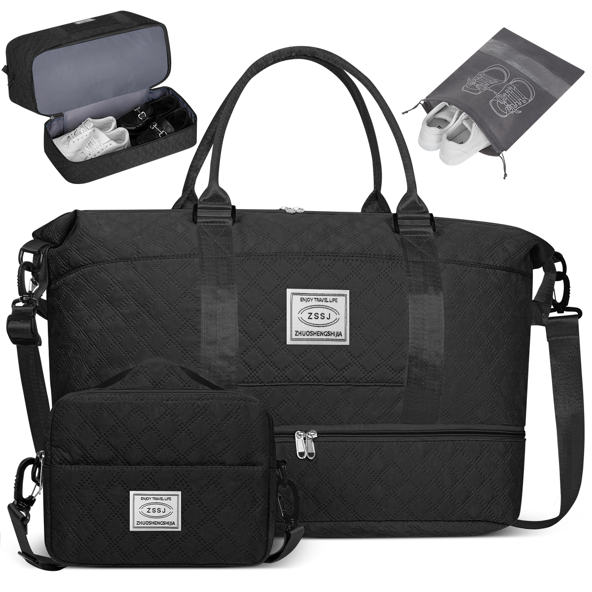 CSD01TDWB0000BK Travel Duffle Bag, Weekender Bags for Women with Shoe Compartment, Carry on Overnight Bag with Toiletry Bag and Shoes Bag, Gym Duffel Bag with Wet Pocket, Hospital Bags for Labor and Delivery, Black