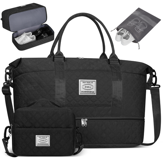 CSD01TDWB0000BK Travel Duffle Bag, Weekender Bags for Women with Shoe Compartment, Carry on Overnight Bag with Toiletry Bag and Shoes Bag, Gym Duffel Bag with Wet Pocket, Hospital Bags for Labor and Delivery, Black