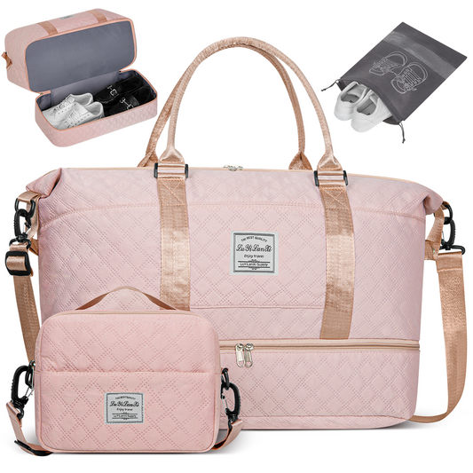 CSD01TDWB000PNK Travel Duffle Bag, Weekender Bags for Women with Shoe Compartment, Carry on Overnight Bag with Toiletry Bag and Shoes Bag, Gym Duffel Bag with Wet Pocket, Hospital Bags for Labor and Delivery, Pink