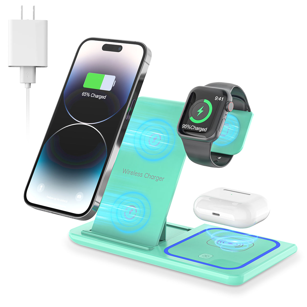 CSD01WLCGX455GR Wireless Charger, 18W 3 in 1 Charging Station for iPhone 15/14/13/12/11/Pro/XS/XS Max/XR/X, Fast Wireless Charging Dock Foldable for Apple Watch 9/8/7/6/SE/5/4/3/2, AirPods 3/2/Pro with Adapter(Green)