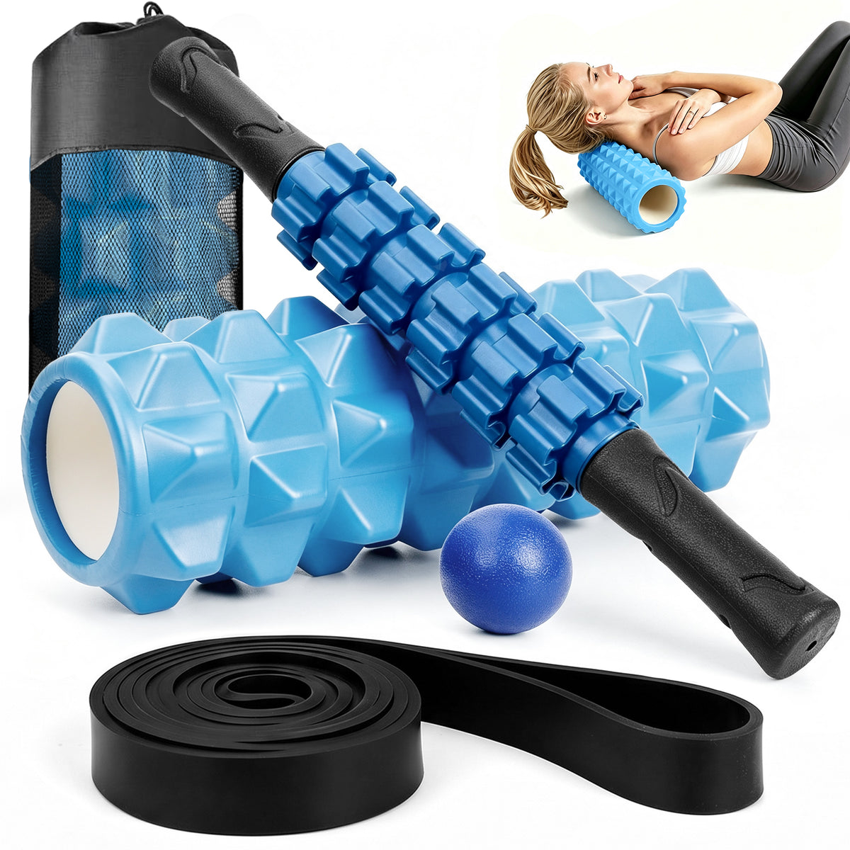 CSD01FRFE0013BL Cshidworld 5-in-1 Foam Roller Set, 13-inch Deep Tissue Foam Roller with Massage Stick, Massage Ball, Resistance Band & Carry Bag for Stretching, Yoga, Pilates & Fitness