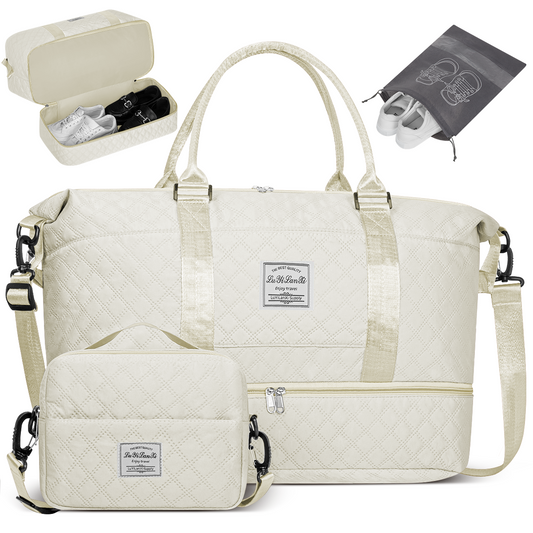 CSD01TDWB0000WHTravel Duffle Bag, Weekender Bags for Women with Shoe Compartment, Carry on Overnight Bag with Toiletry Bag and Shoes Bag, Gym Duffel Bag with Wet Pocket, Hospital Bags for Labor and Delivery, White