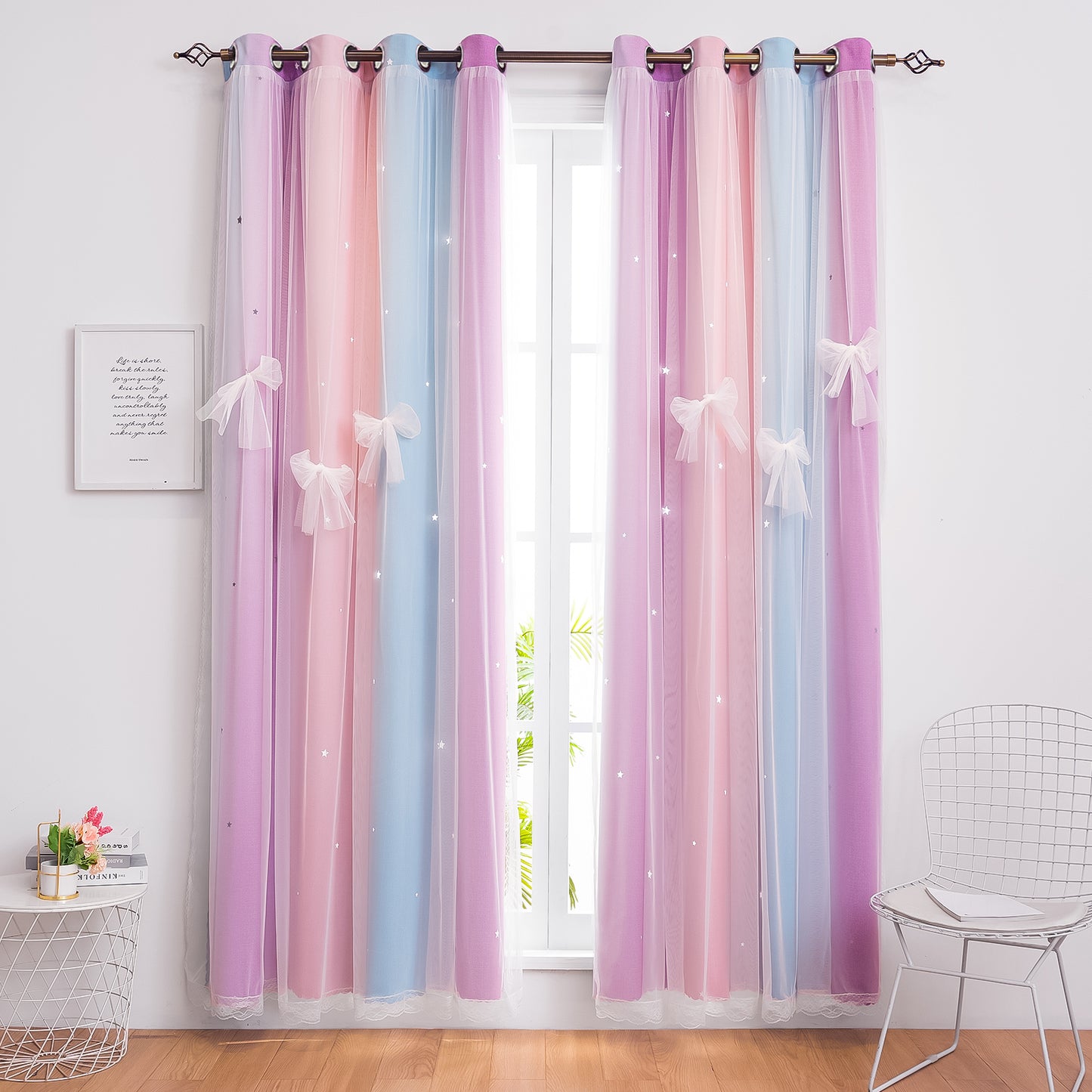 CSD01BCFG0184BK Blackout Curtains for Girls Kids Bedroom, Colorful Double Layer Star Cut Out Curtains for Girls Room Nursery Home Decor, 52''x 84'', 1 Panel