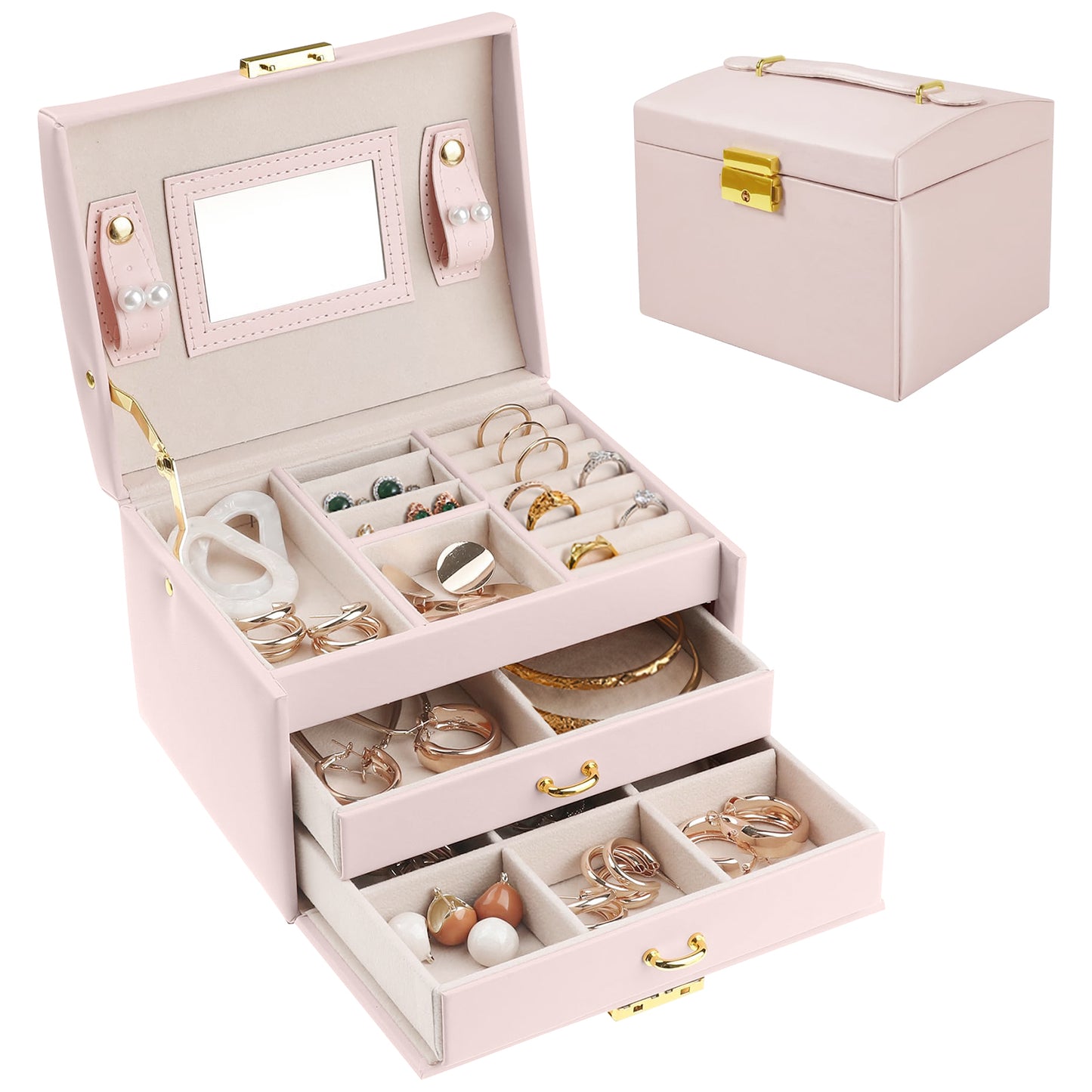 CSD01JBFW0003PK 3-Layer Jewelry Box for Women Girls, Portable Leather Jewelry Organizer with Mirror, Lockable Travel Jewelry Storage Case for Earrings, Rings, Necklaces, Bracelets