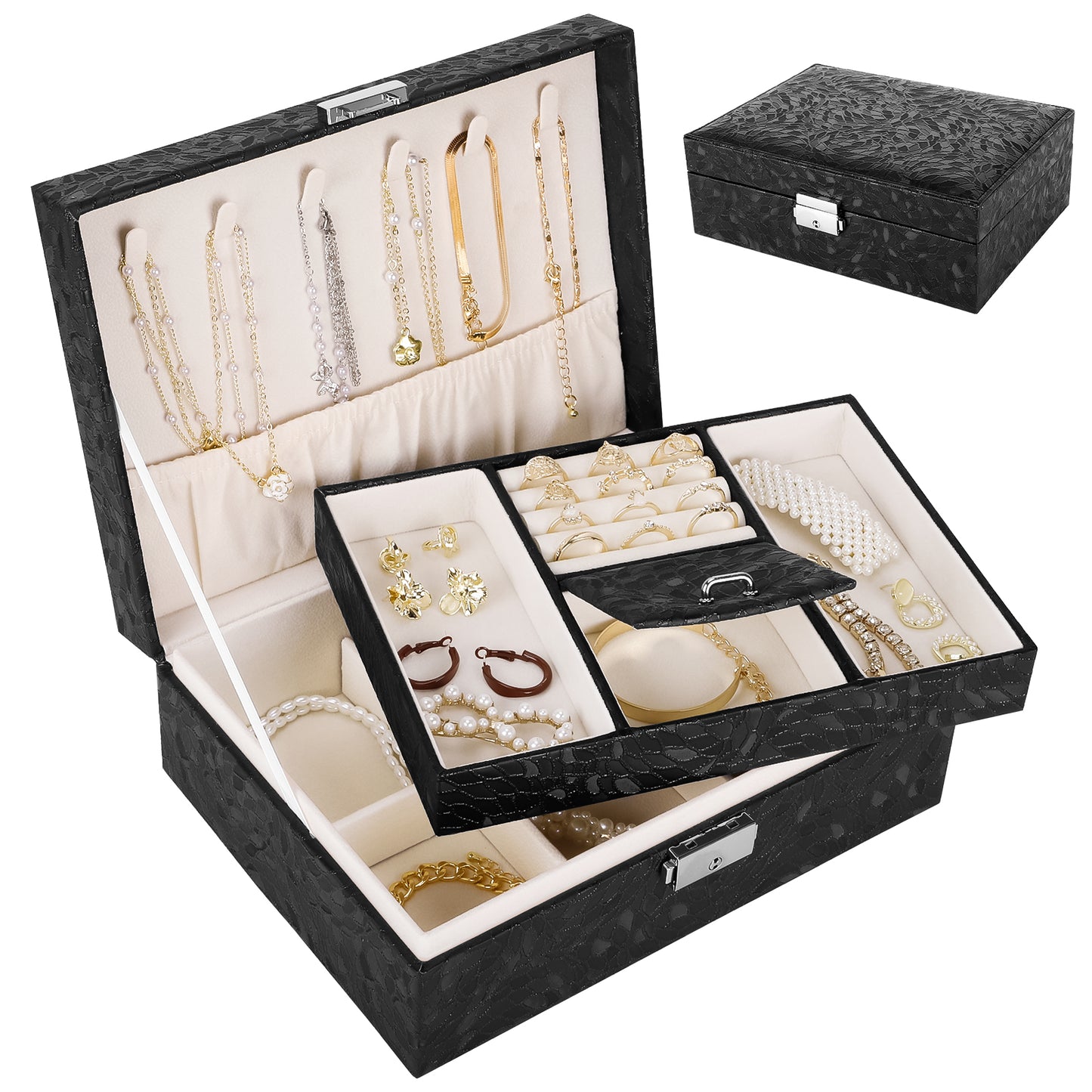 CSD01PTJB0000BK Portable Travel Jewelry Box for Women Girls, 2-Layer Large Jewelry Organizer Storage Case with Lock, Leather Storage Box with Removable Tray for Rings, Necklaces, Earrings
