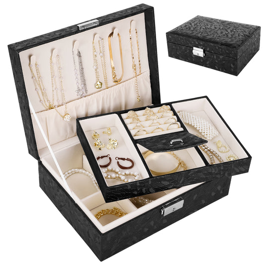 CSD01PTJB0000BK Portable Travel Jewelry Box for Women Girls, 2-Layer Large Jewelry Organizer Storage Case with Lock, Leather Storage Box with Removable Tray for Rings, Necklaces, Earrings
