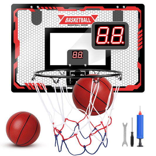 CSD01IDBH0000BL  Indoor Basketball Hoop for Kids, Indoor Over The Door Basketball Hoops, LED Light Mini Basketball Goals with 2 Balls & Electronic Scoreboard, Christmas Toys Gifts for 5 6 7 8 9 10-12+ Year Old Boys