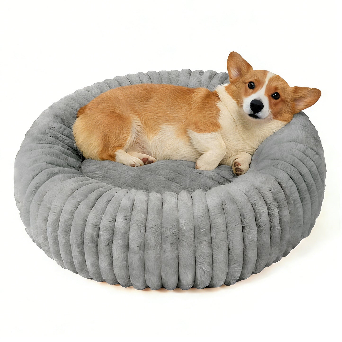 CSD01CFDB0050GY Cshidworld 20" Calming Donut Dog Bed for Small Dogs, Corduroy Fleece, Anti-Anxiety Plush Pet Bed, Washable Faux Fur Puppy Bed for Small & Medium Dogs and Cats