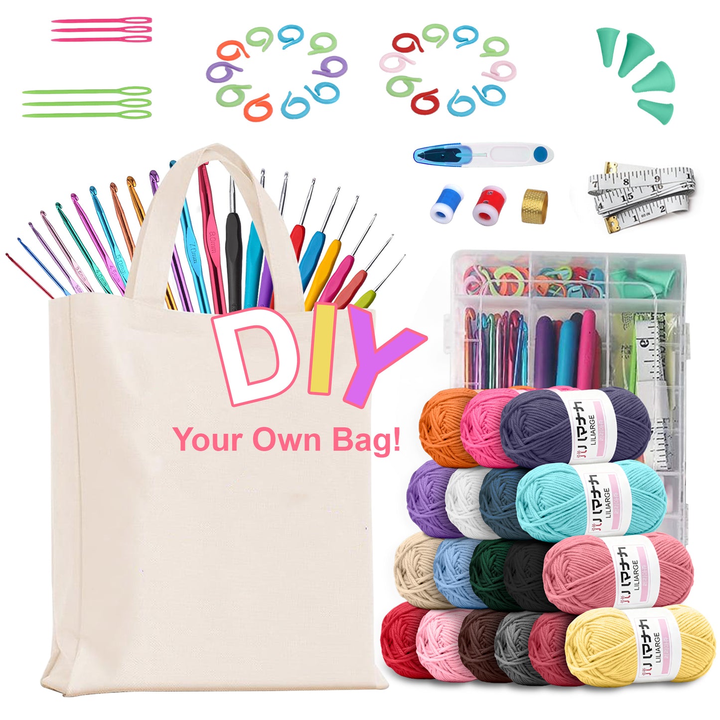 CSD01CKFB0076WH 76 Pcs Crochet Kit for Beginners Adults, Crochet Hook Set with 1260 Yards Yarn, 21 Crochet Hooks, Sewing Needles, Accessories and Canvas Tote Bag, Crochet Starter Kit Gift