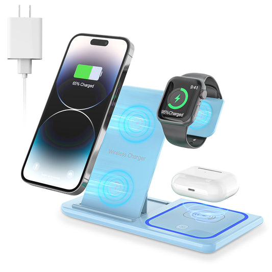 CSD01WLCGX455BL Wireless Charger for Multiple Devices, 18w 3 in 1 Wireless iPhone Charging Station for iPhone 15 14 13 12 11 Pro Max XS XR X 8 Plus, iWatch 9 8 7 6 5 4 3 2 SE, AirPods 3 2 Pro (Blue)