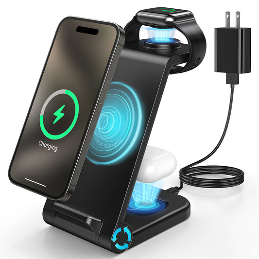 CSD01WLCGWX39BL Wireless Charging Station, 18W 3 in 1 Wireless Charger, Fast Wireless Charging Stand for iPhone 16 15 14 13 12 11Pro Max XR XS, Apple Watch 10 9 8 7 6 5 4 3 2 SE, Airpods 4 3 2 Pro