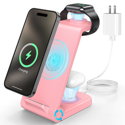 CSD01WLCGWX38PK Wireless Charger, 23W 3 in 1 Wireless Charging Station, Fast Charging dock for iPhone 15/14/13/12/11 Pro Max/X/Xs Max, AirPods 3/2/pro, iWatch Series 9/8/7/6/5/SE/4/3/2, Samsung Charger Stand (Pink)