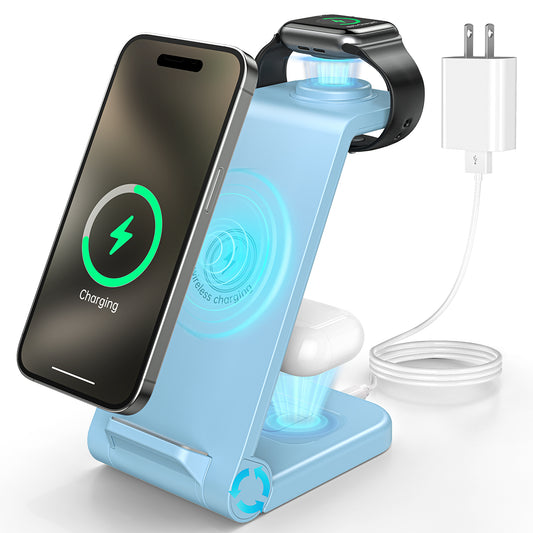 CSD01WLCGWX38BU Wireless Charger, 23W 3 in 1 Wireless Charging Station, Fast Charging dock for iPhone 15/14/13/12/11 Pro Max/X/Xs Max, AirPods 3/2/pro, iWatch Series 9/8/7/6/5/SE/4/3/2, Samsung Charger Stand (Blue)