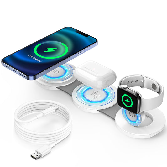 CSD01WLCGX546WT Magnetic Wireless Charger for iPhone, 3 in 1 Charging Station for Apple Devices, Mag-Safe Charger Stand for iPhone 15 14 13 12 Pro Max, Charging Pad for AirPods 3/2/Pro, Apple Watch 9/8/7/6/SE/5/4