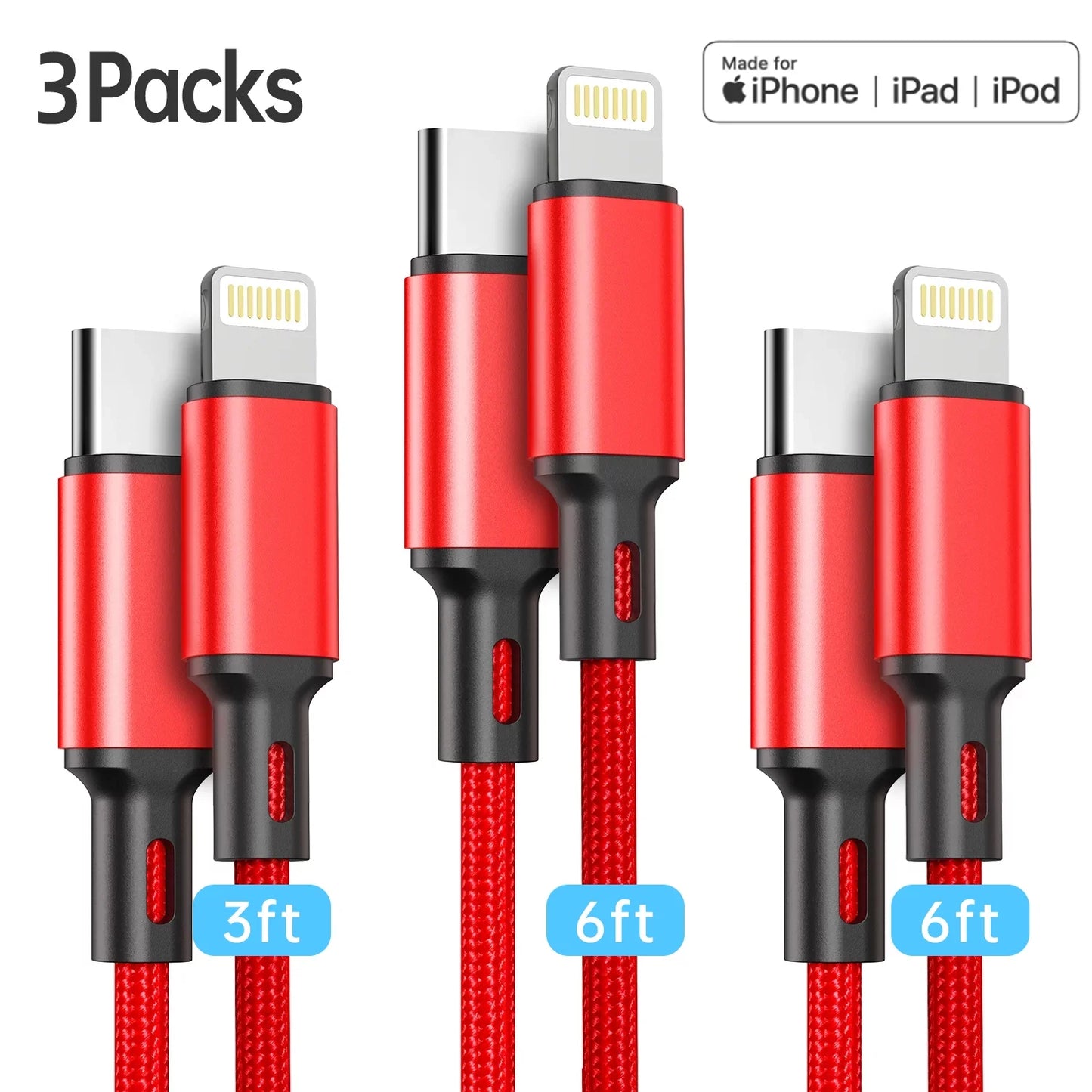 3 Pack USB C to Lightning Cable [MFi Certified] 3ft/6ft/6ft Long Lightning Cable Fast Charging High Speed Data Sync USB Cable Compatible for iPhone 14 13 13Pro 12 11 Max xs xr x SE iPad and More