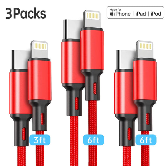 3 Pack USB C to Lightning Cable [MFi Certified] 3ft/6ft/6ft Long Lightning Cable Fast Charging High Speed Data Sync USB Cable Compatible for iPhone 14 13 13Pro 12 11 Max xs xr x SE iPad and More
