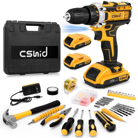 CSD44DSTS0000YE Cordless Drill Tool Kit Set, 21V Power Drill Tool Box with 2x 3000mAh Battery Electric Drill Set Driver for Men Women Home Hand Repair Basic Toolbox Tool Sets, 95PCS Home Mechanic Toolbox, Yellow