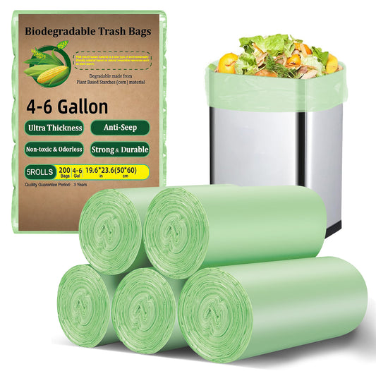 CSD02TRBA0002GN  200 Count Biodegradable Trash Bags 4-6 Gallon, Green Small 4 Gallon Garbage Bags, Durable & Easy-Tear Design, Perfect for Home & Office Use