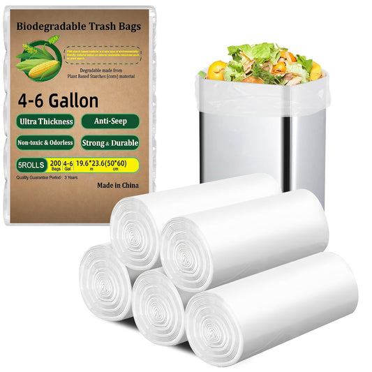 CSD02TRBA0002WH 200 Count Biodegradable Trash Bags 4-6 Gallon, White Small 4 Gallon Garbage Bags, Durable & Easy-Tear Design, Perfect for Home & Office Use