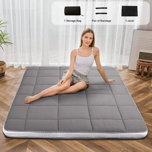 CSD01FMFM0000QN CshidWorld Japanese Floor Mattress, Futon Mattress w/Storage Bag & Washable Cover, Roll up Floor Mattress 4” Thick Tatami Mattress Quilted Bed Mattress Topper for Dorm, Guest Room, Gray, Queen