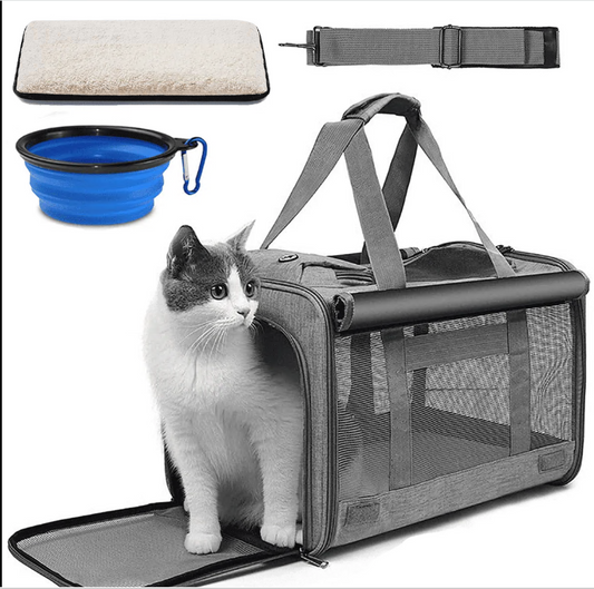 CSD0200CC0000GY Cat Carrier, Cat Carriers for Large Cats up to 25LB, large Cat Carrier with a Bowl, Soft Sided Carrier with 2 Side Roller Blinds for Pet Cat Kitten Small Dog Puppies Airline Approved, Gray